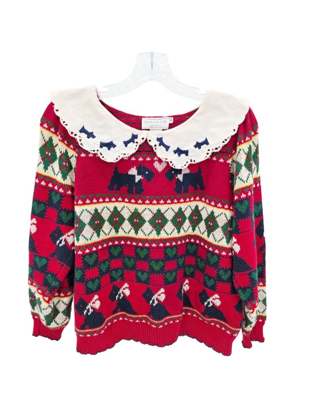 Sweater Loft Scottie Dog Sweater Womens S Red Hearts Fair Isle Holiday Cottage